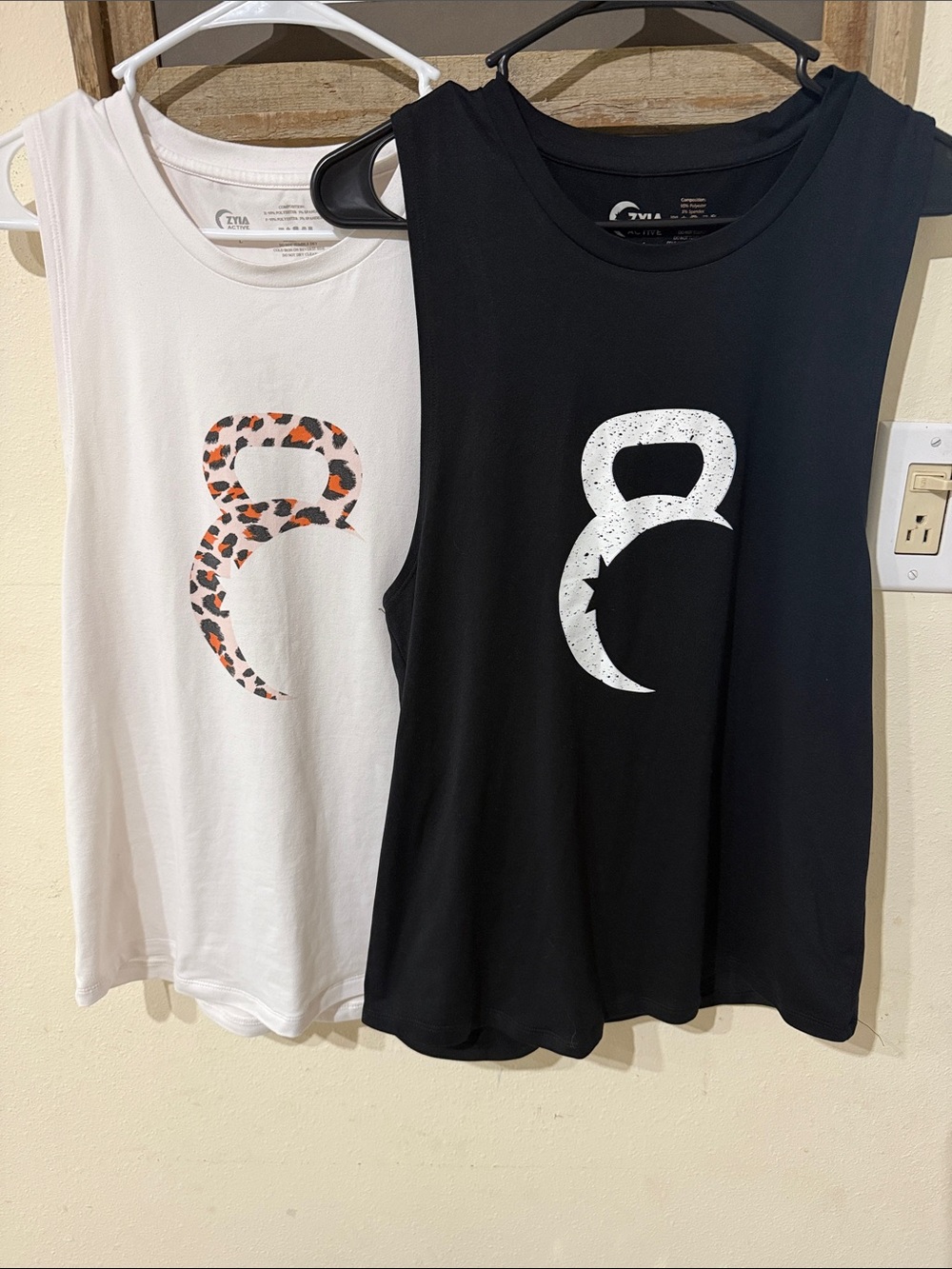 ZYIA Lot of 2 Black & White Logo Kettlebell Tank with Leopard Print Accent